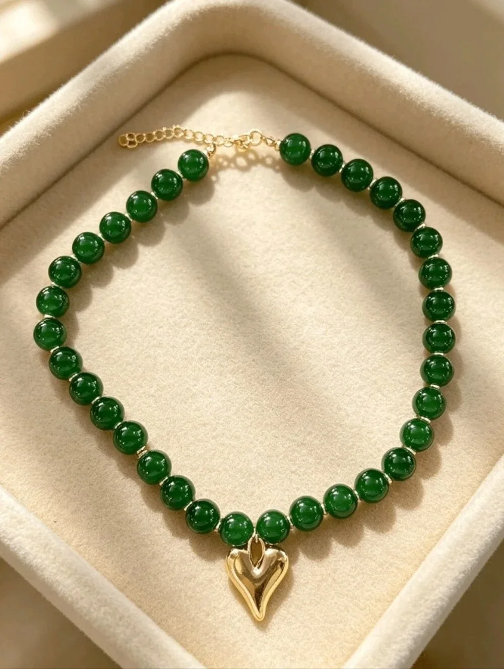 NEW! Boho Green Beaded Necklace with Gold Heart Pendant
